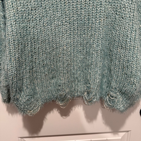 DAVI & DANI Teal Fuzzy Knit Sweater with Sequin Accents and distressing - Picture 4 of 6